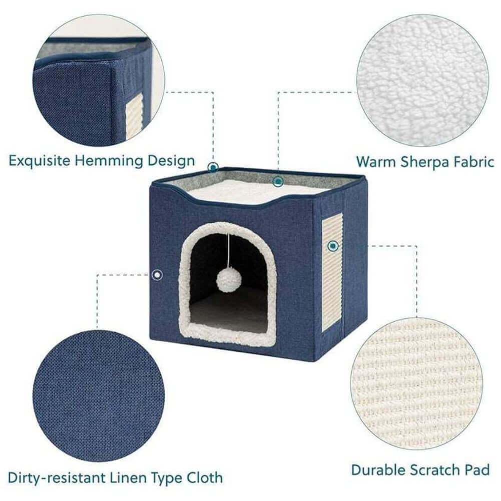 PurrComfort House in the color blue, with all the comfortable and cat-friendly materials on the list: Warm Sherpa Design, Dirty-resistant linienn type cloth, durable scratch pad, and the exquisite hemming design