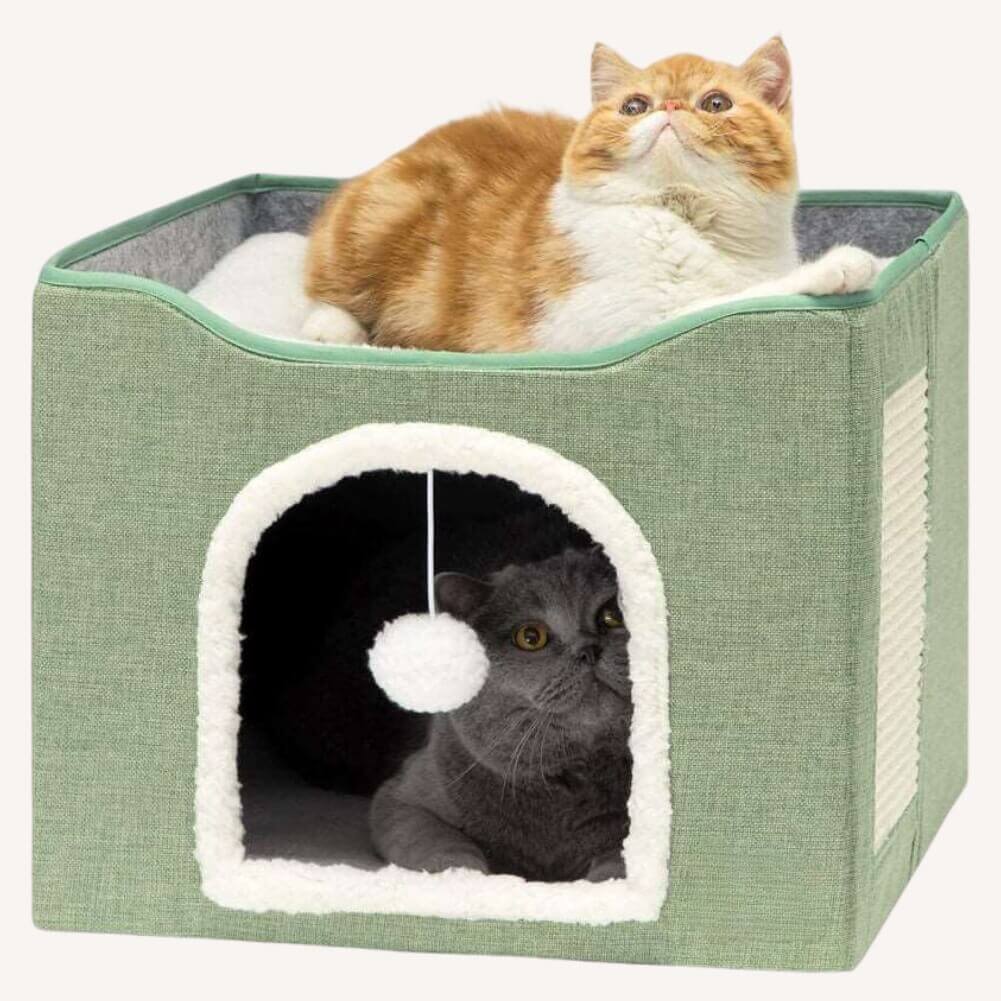 PurrComfort House in the color green with an orange and white cat on the roof and a grey cat in the cat house.