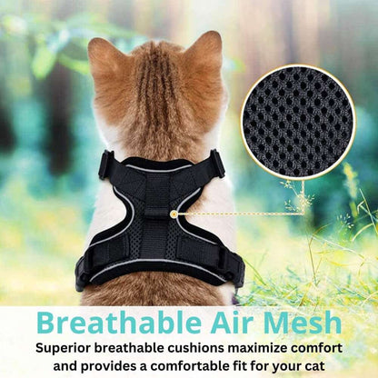 Picture with a cat in nature wearing the PurrFlex harness, and where the breathable material is explained with the text "Breathable Air Mesh, Superior breathable cushions maximize comfort and provides a comfortable fit for your cat" 