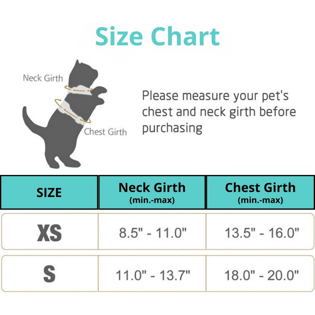 Size chart from PurrFlex with sizes XS-S 