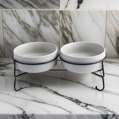 double white ceraframe bowl with frame for cats